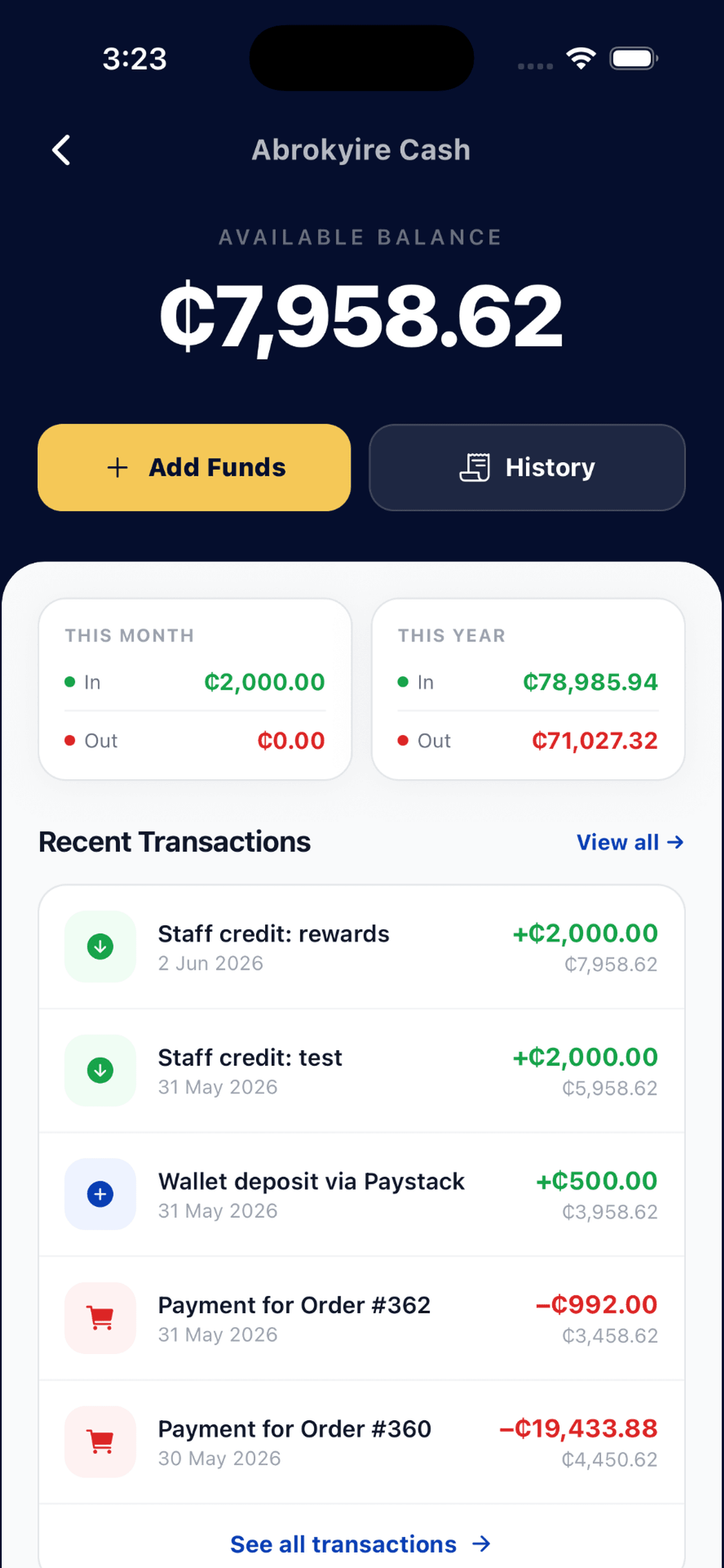 Abrokyire Cash wallet balance